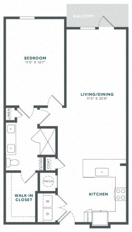 Floor plan for 1 bed, 1 bath, 929 sqft